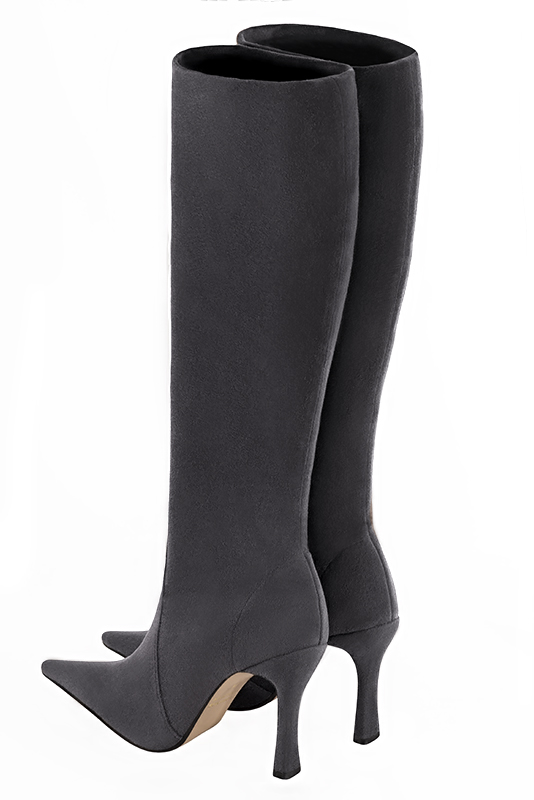Dark grey women's feminine knee-high boots. Pointed toe. Very high spool heels. Made to measure. Rear view - Florence KOOIJMAN